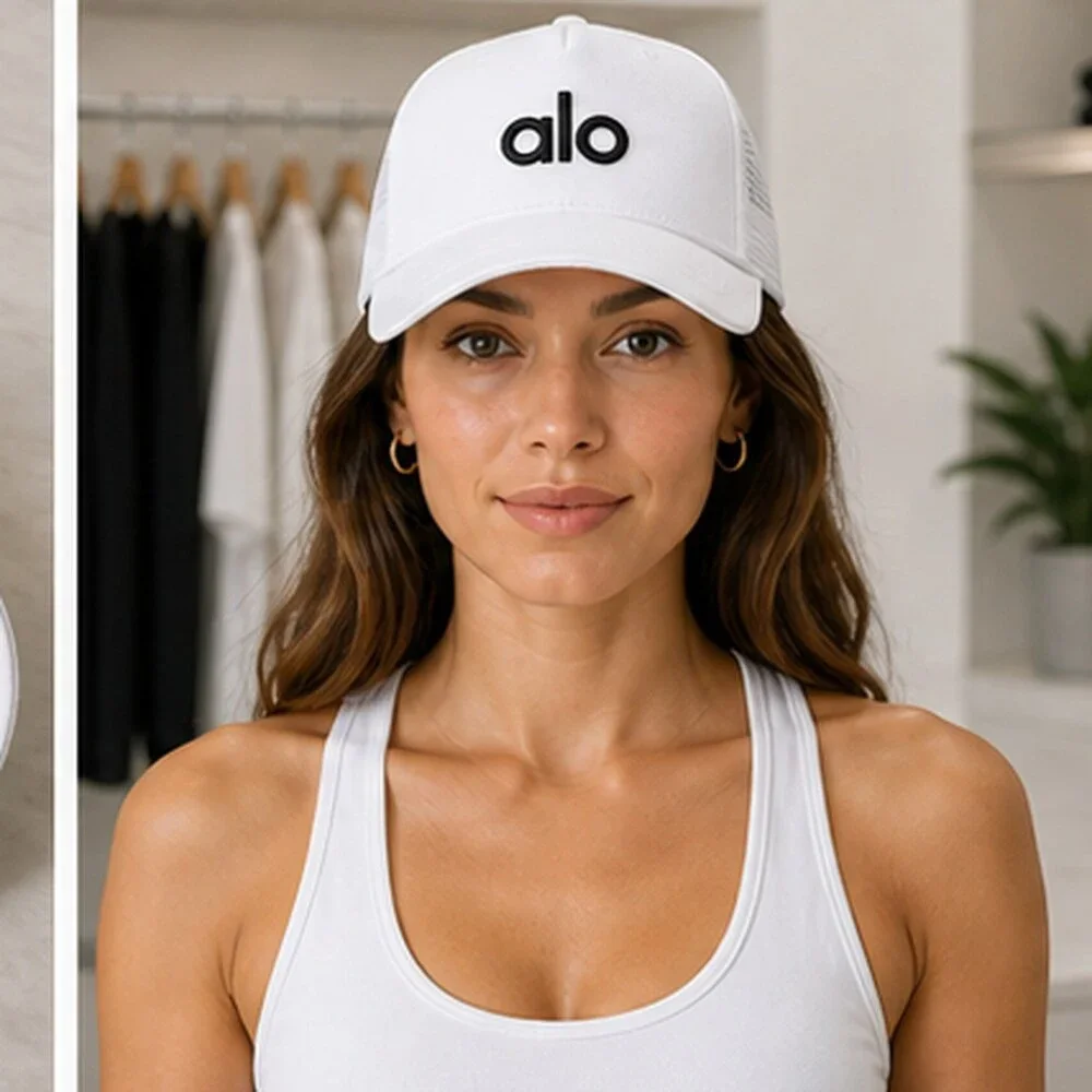 ALO Yoga White Black Boutique Mesh Trucker Cap Hat NWT